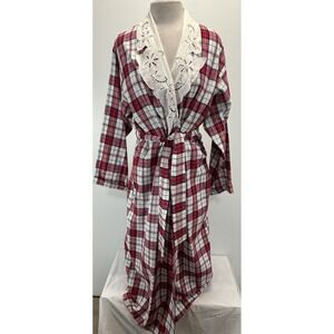 Vtg Priamo New York Flannel Robe Women's OSFM Plaid Belt Lace Shawl Collar 90s